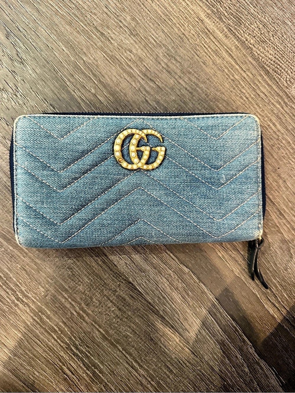 Gucci GG Marmont Denim Zip Around Wallet in Blue